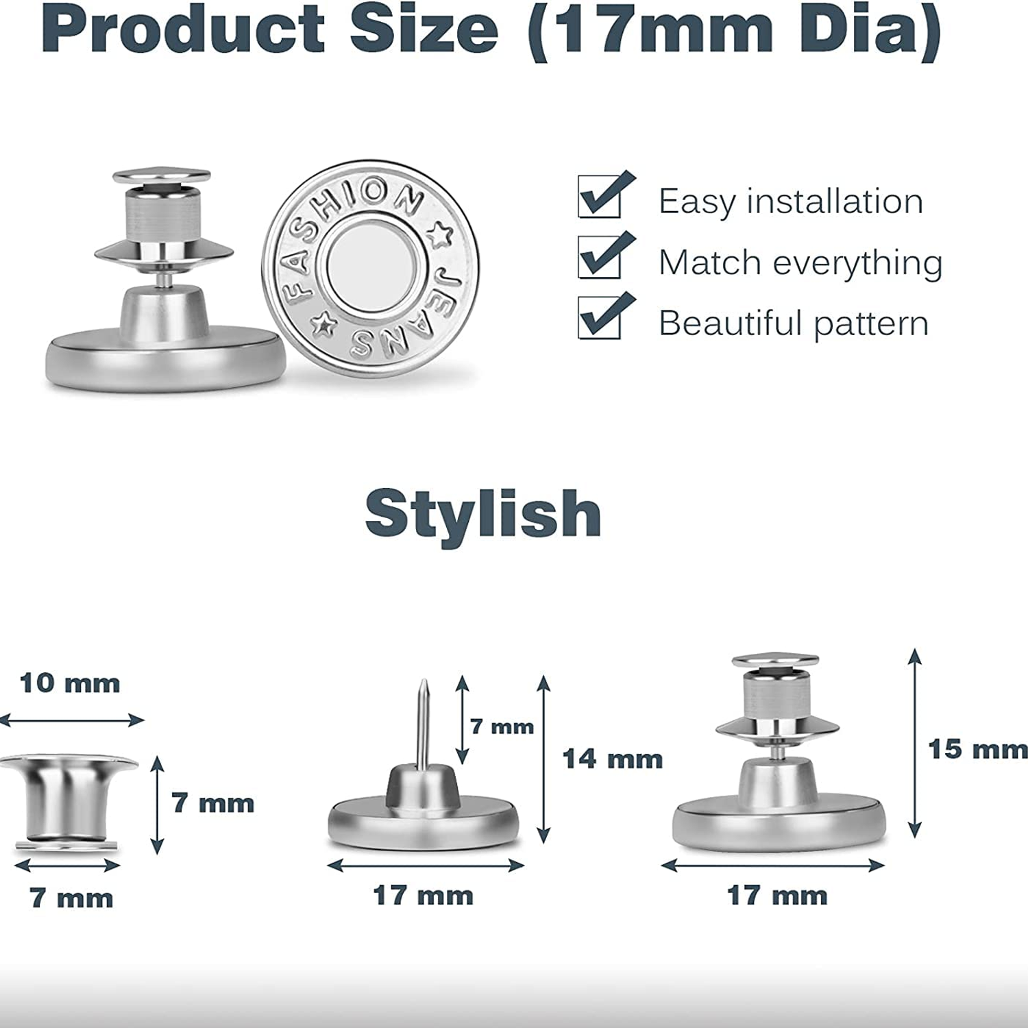 Detachable Button for Jeans 6 Styles No Sew Metal Buttons