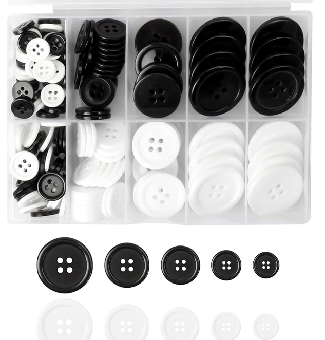 100Pcs Black & White Resin Sewing Buttons - 5 Sizes