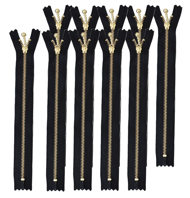Zipper Set 12 Pieces Black Nylon Tape with Gold Teeth