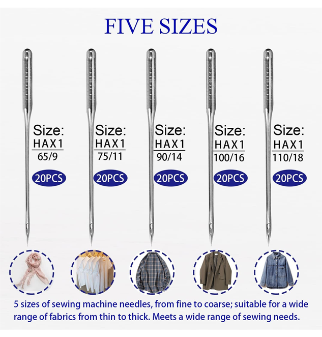 Universal Standard Needles in Sizes 65/9, 75/11, 90/14, 100/16, 110/18 with inch tape and sewing machine bobbins