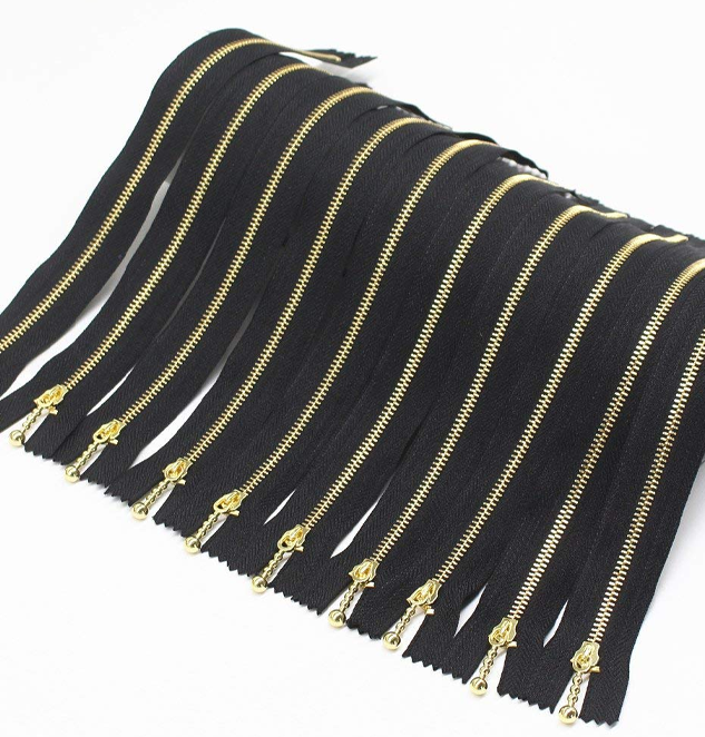 Zipper Set 12 Pieces Black Nylon Tape with Gold Teeth