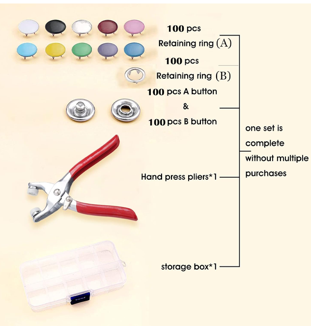 100 Sets Metal Snaps Buttons with Fastener Pliers Press Tool Kit