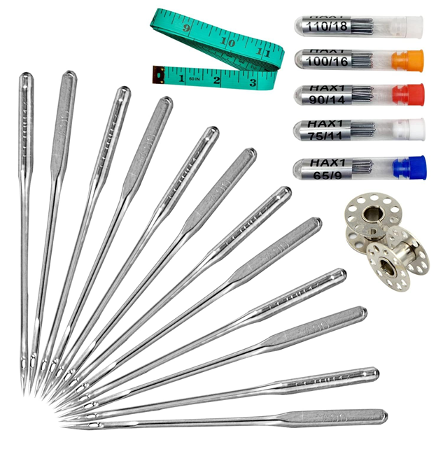 Universal Standard Needles in Sizes 65/9, 75/11, 90/14, 100/16, 110/18 with inch tape and sewing machine bobbins