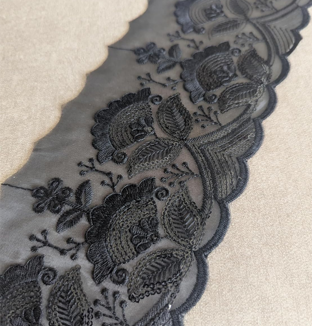 Embroidered Black Tulle Lace Trim