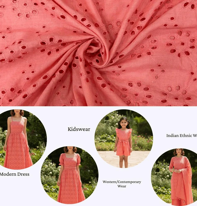 Pure Cotton Peach Hakoba Embroidered Fabric