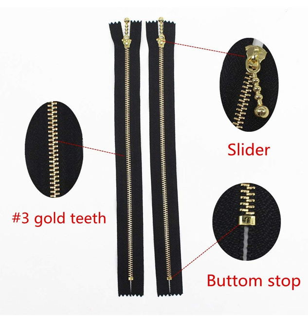Zipper Set 12 Pieces Black Nylon Tape with Gold Teeth