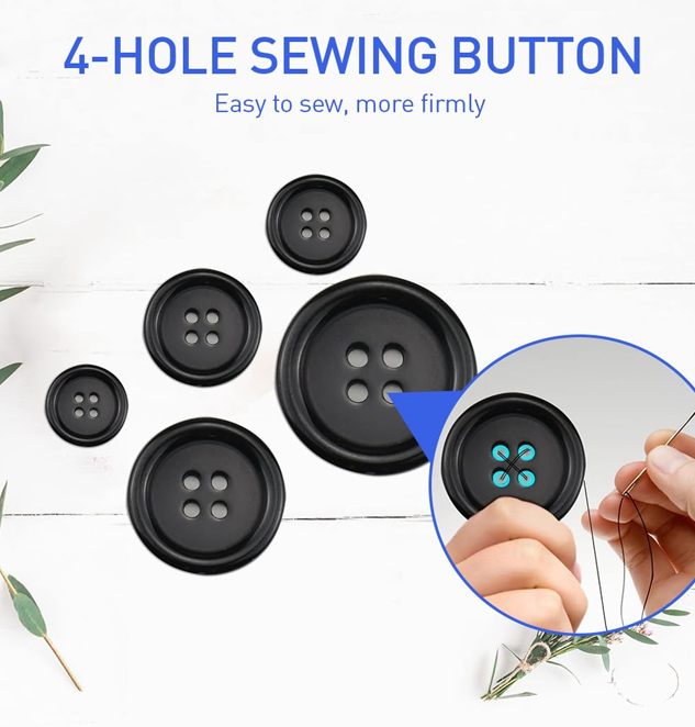 100Pcs Black & White Resin Sewing Buttons - 5 Sizes
